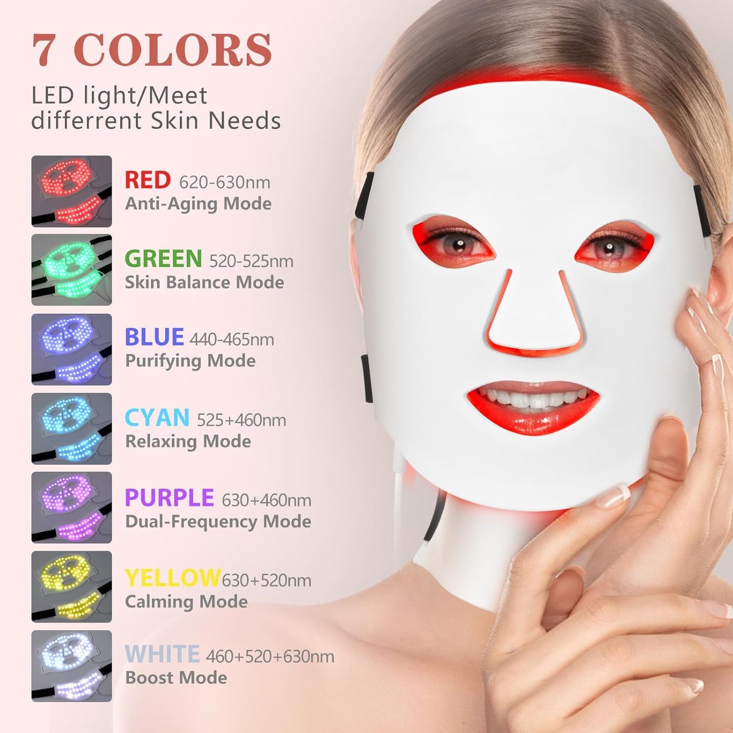 7-Color LED Facial Mask – Light Therapy for Face & Neck, 309 LEDs