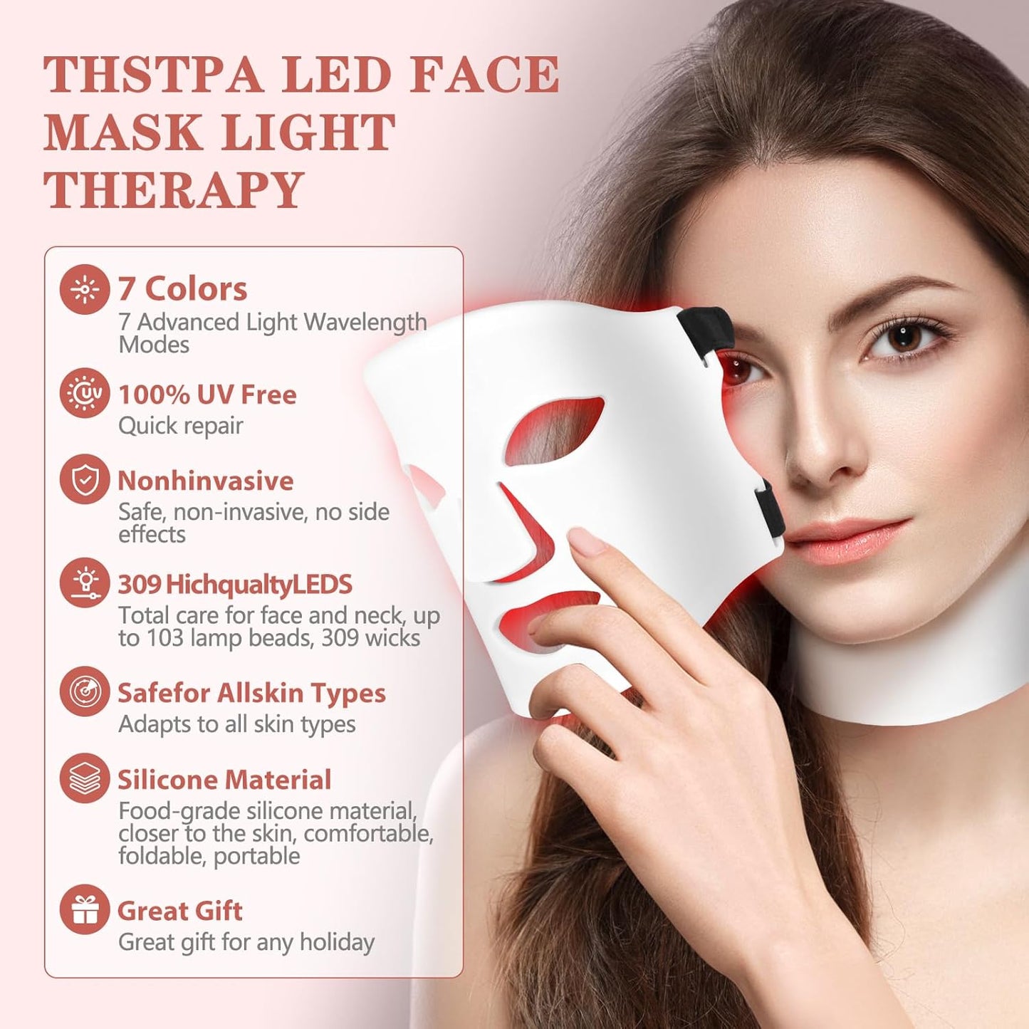 7-Color LED Facial Mask – Light Therapy for Face & Neck, 309 LEDs