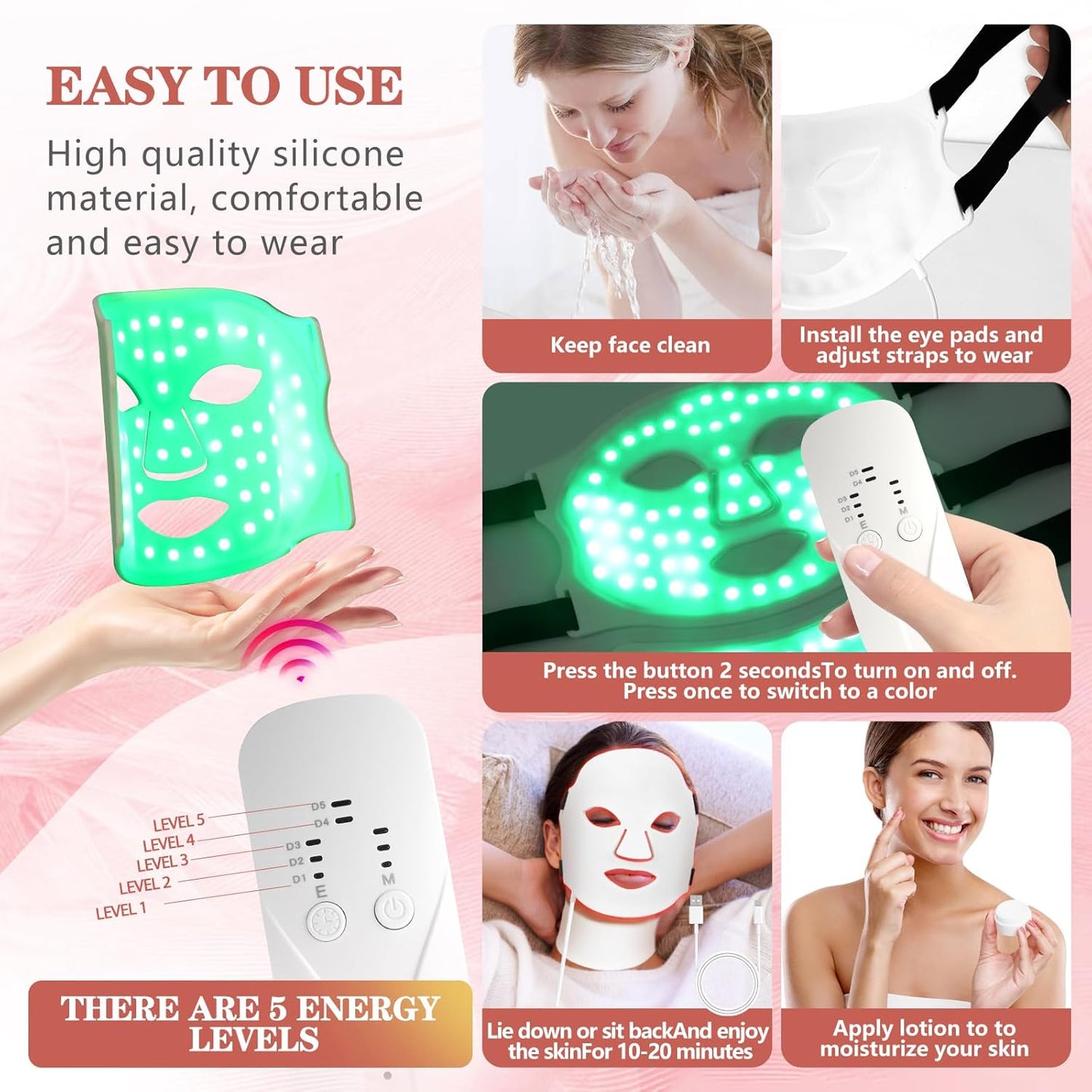 7-Color LED Facial Mask – Light Therapy for Face & Neck, 309 LEDs